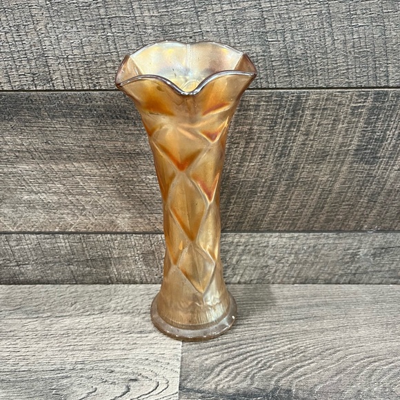 Vintage Dugan Carnival Imperial Glass Marigold Swung Hat Vase Diamond Bud Orange - Picture 2 of 9